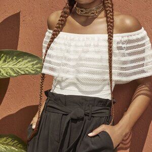 BCBGMaxAzria off the shoulder lace bodysuit